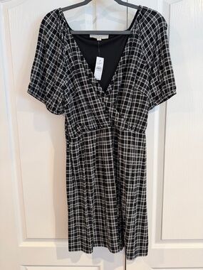 LOFT Black and White Plaid Mini Dress with V-Neck